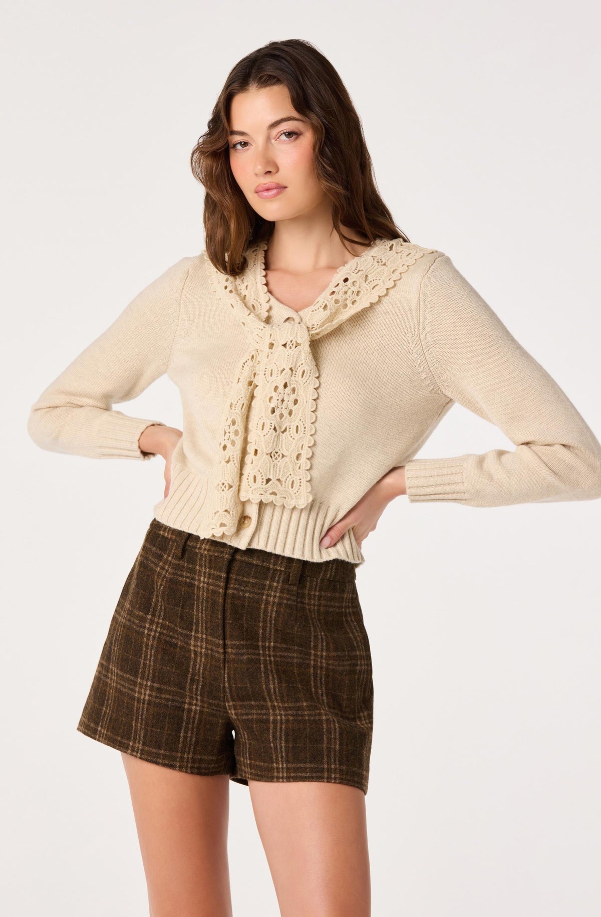 Ruffle Collar Cable Knit Cardigan in Natural — view 1