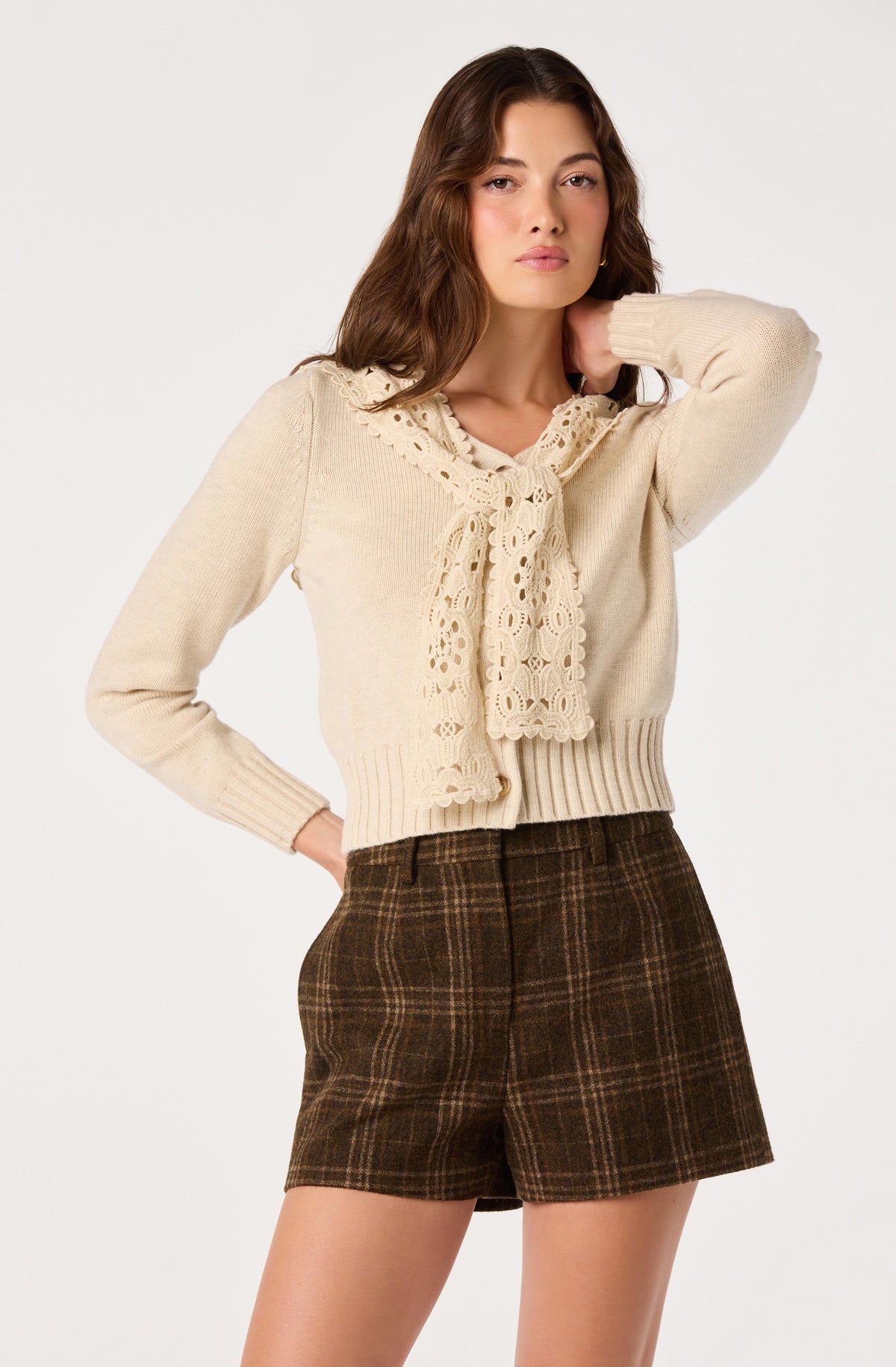 Ruffle Collar Cable Knit Cardigan in Natural — view 4