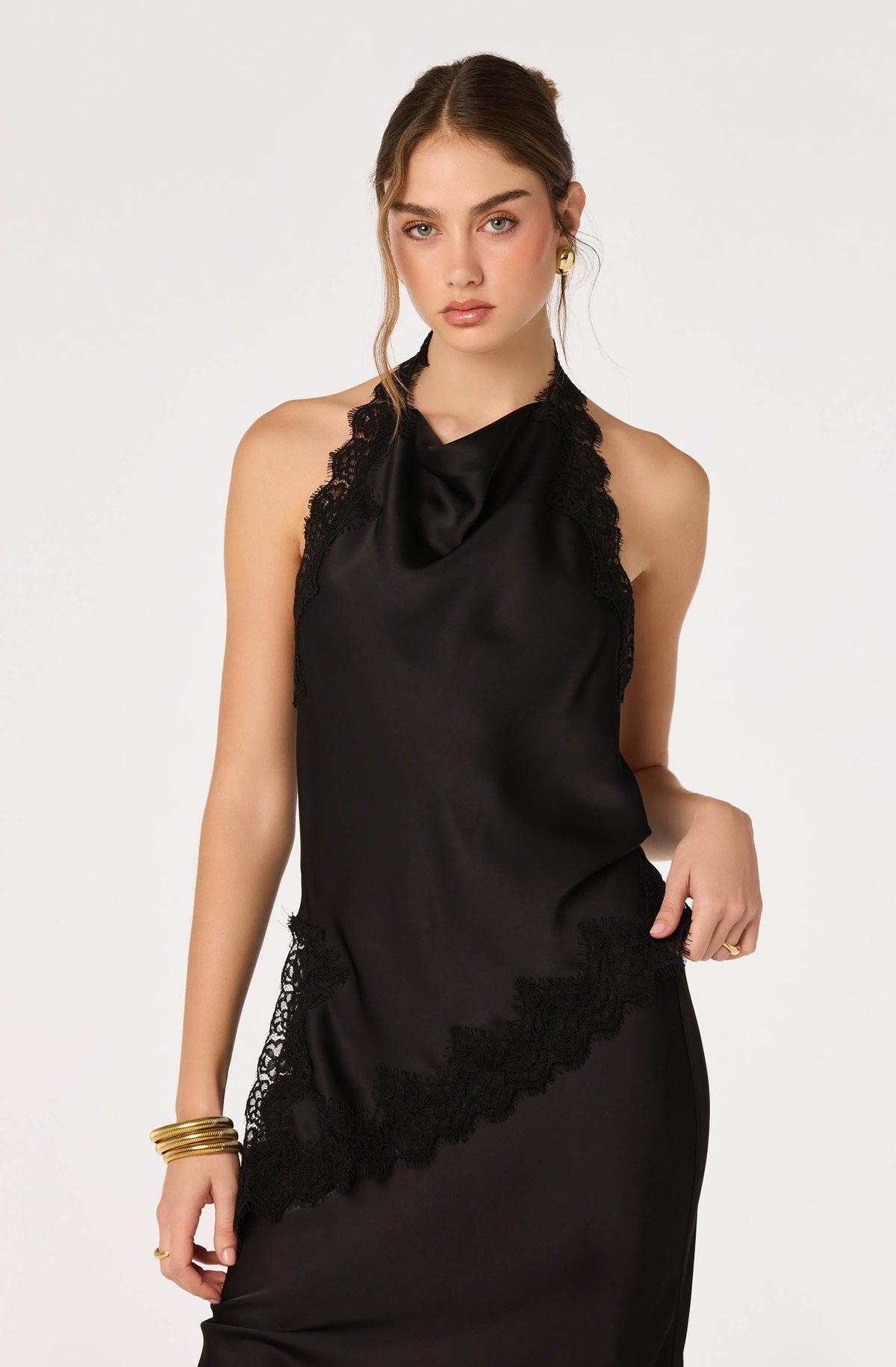 Lace Trim Halter Top in Black — view 3