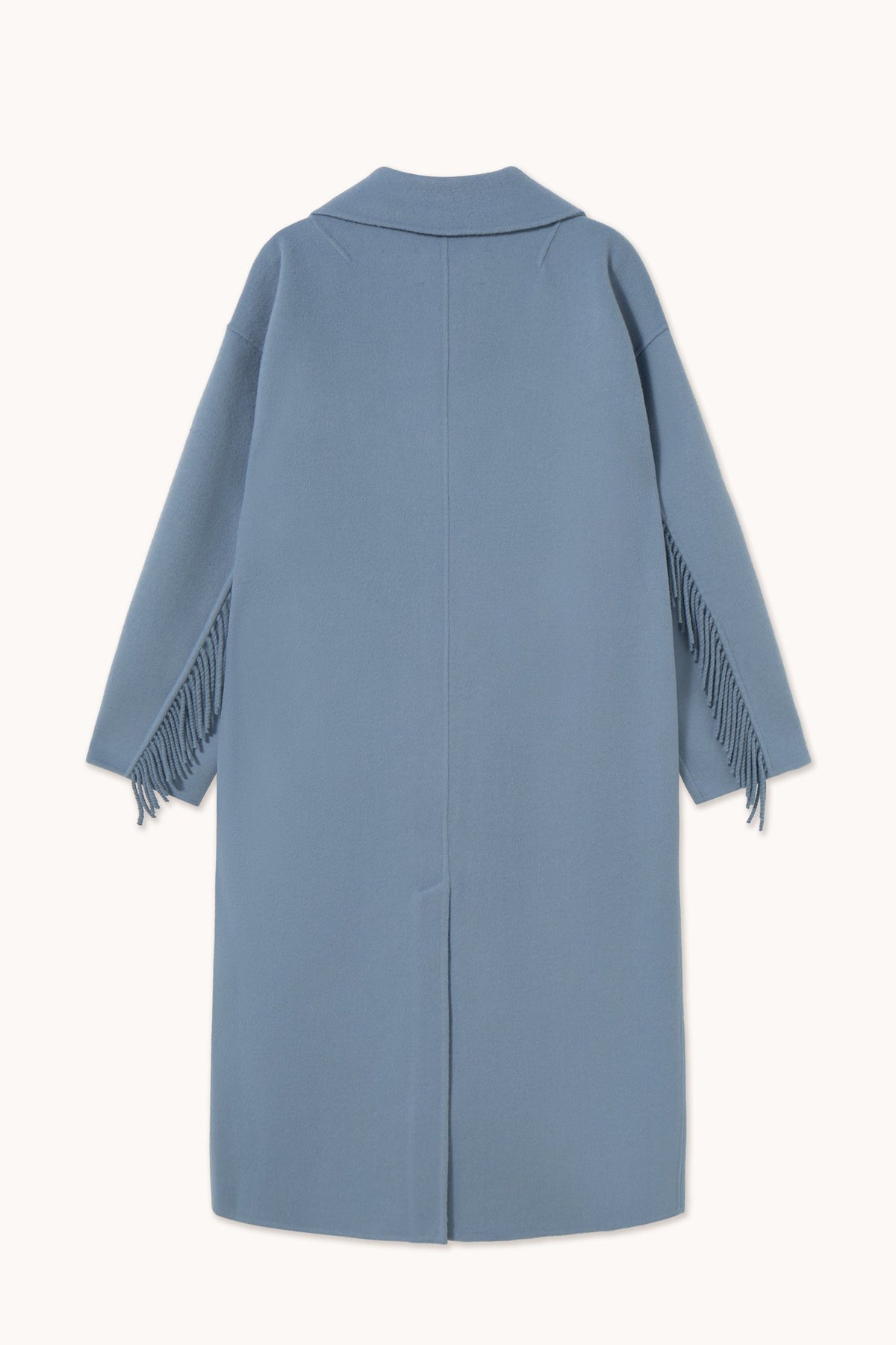 Frills Long Coat in Washed Blue by The Tiny Big Sister — flat back view with center vent