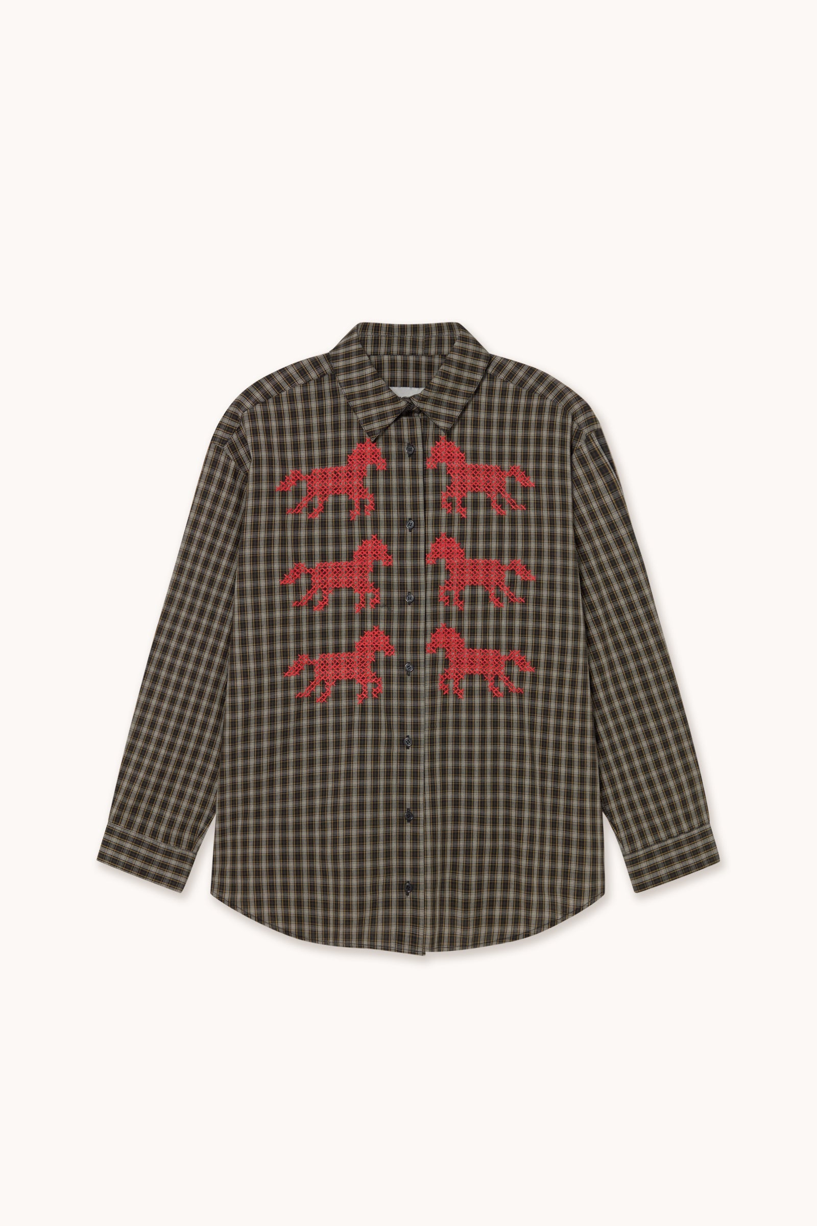 Horses Check Relaxed Shirt in Navy — The Tiny Big Sister — view 1