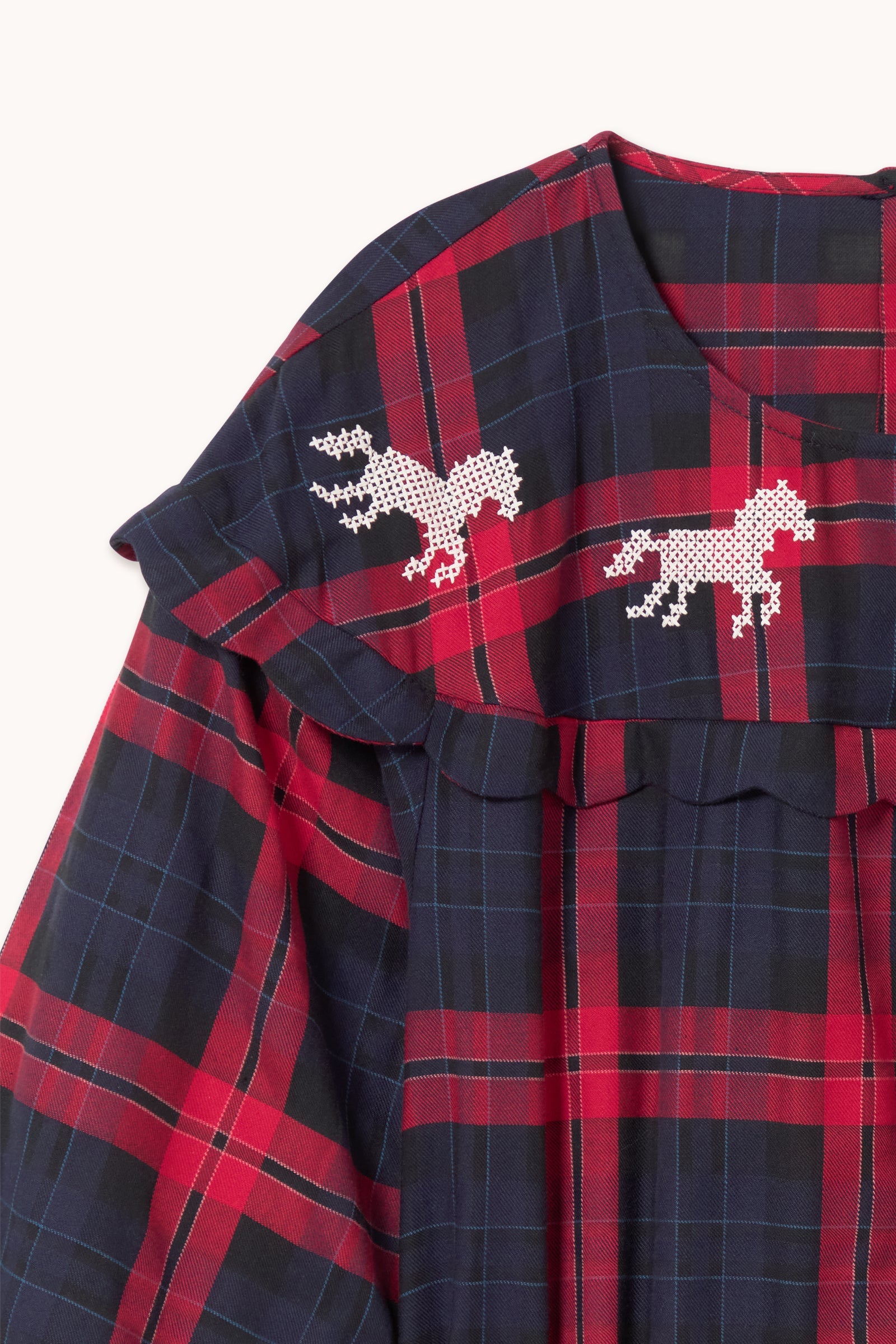 The Tiny Big Sister Embroidered Check Dress in Navy and Dark Red - view 3