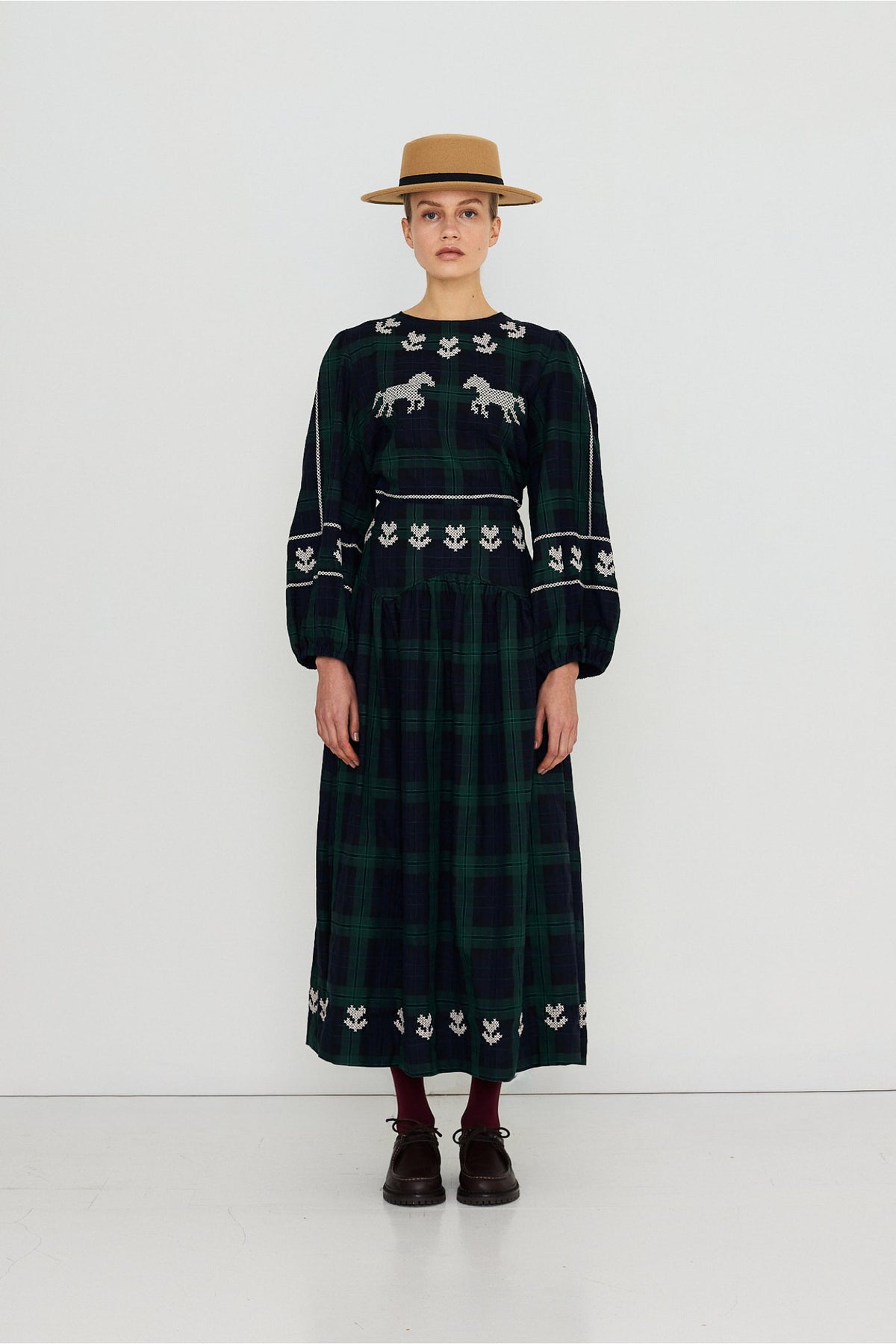 Embroidered Check Skirt in Navy and Dark Green — The Tiny Big Sister — view 7