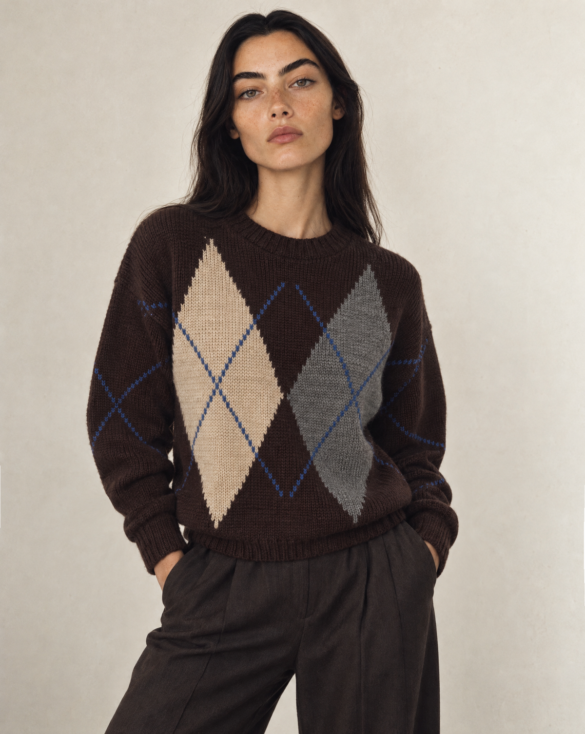 Argyle Roll Neck Pullover Sweater in Brown Multi