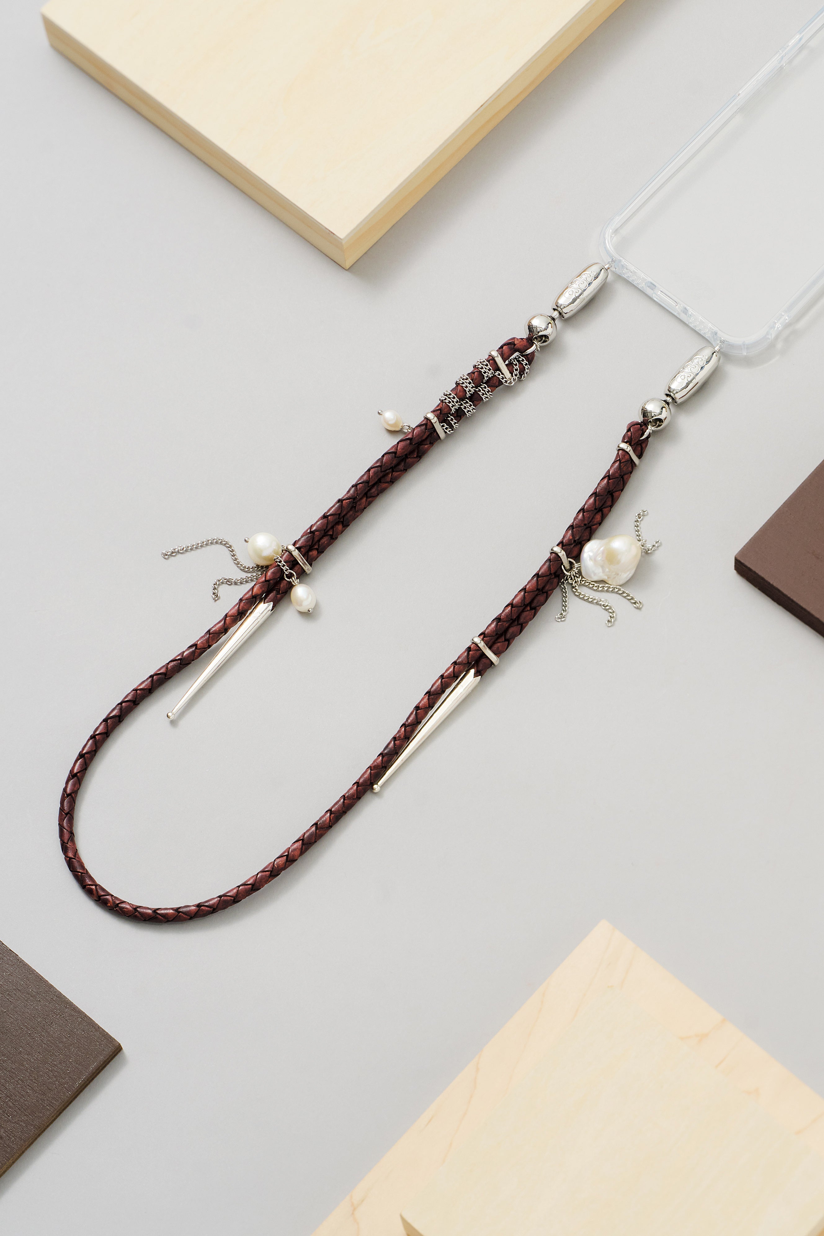 Leather Bolo and Pearl Shoulder Phone Strap in Antique Brown — view 3