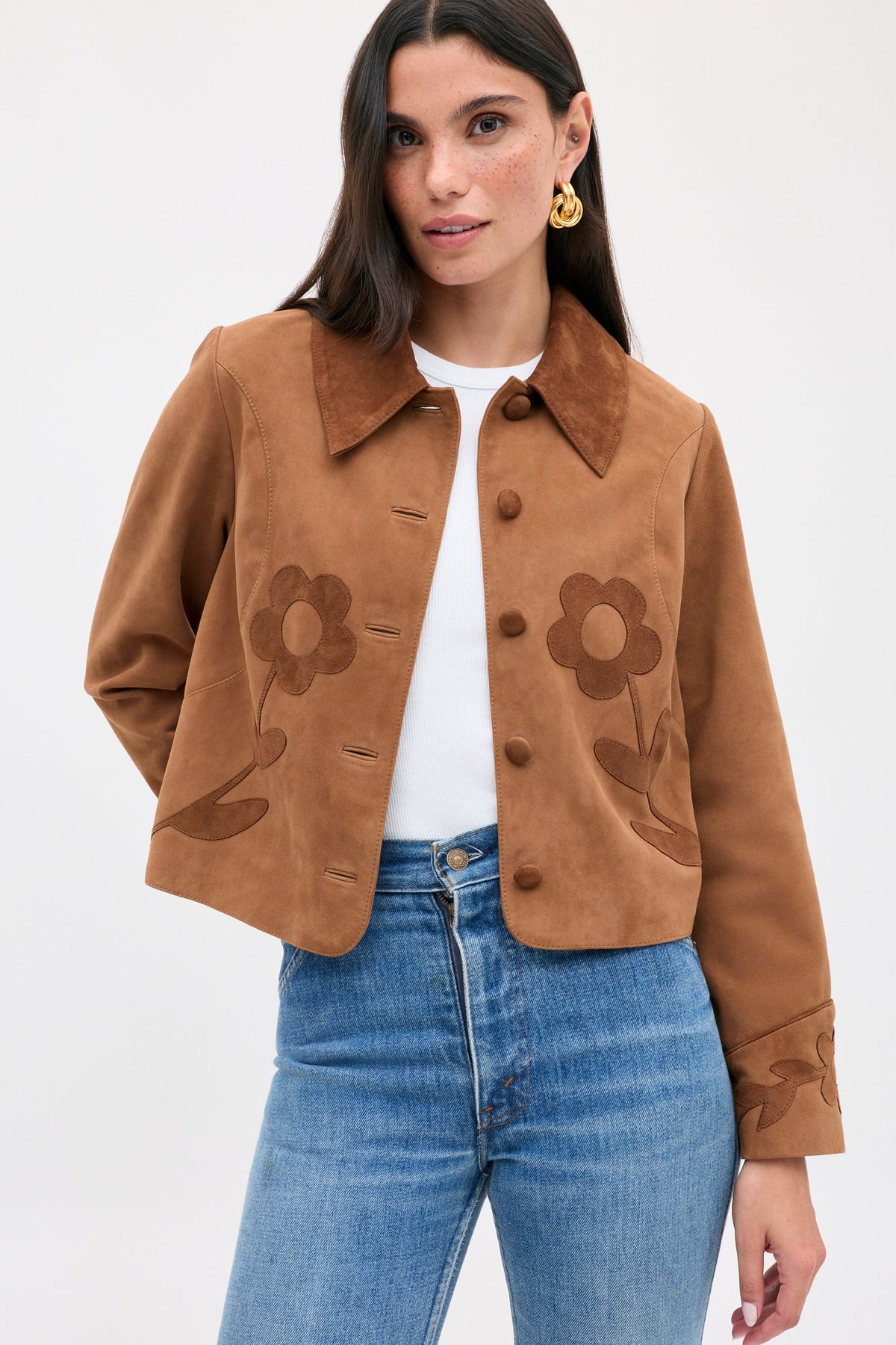 Dionne Jacket in Retro Daisy Applique Tan, worn open over a white tee with jeans