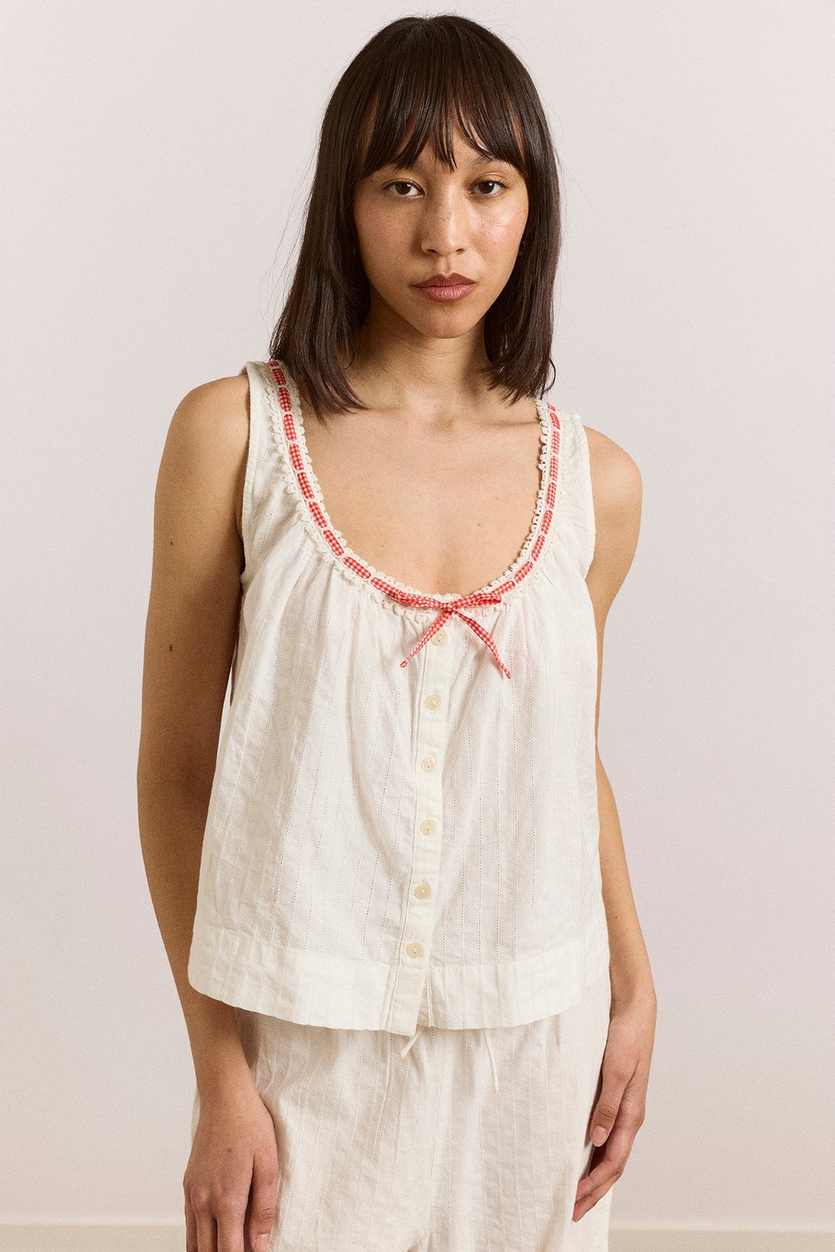 Elodie Cami white cotton broderie with red gingham tie