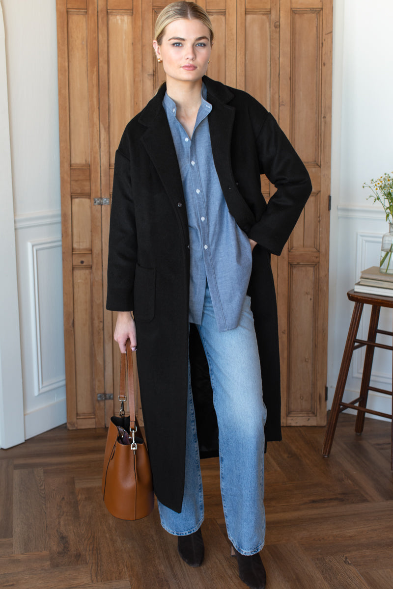 Drop Shoulder Long Coat in Black Wool — view 2