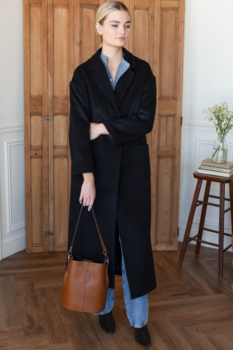 Drop Shoulder Long Coat in Black Wool — view 3