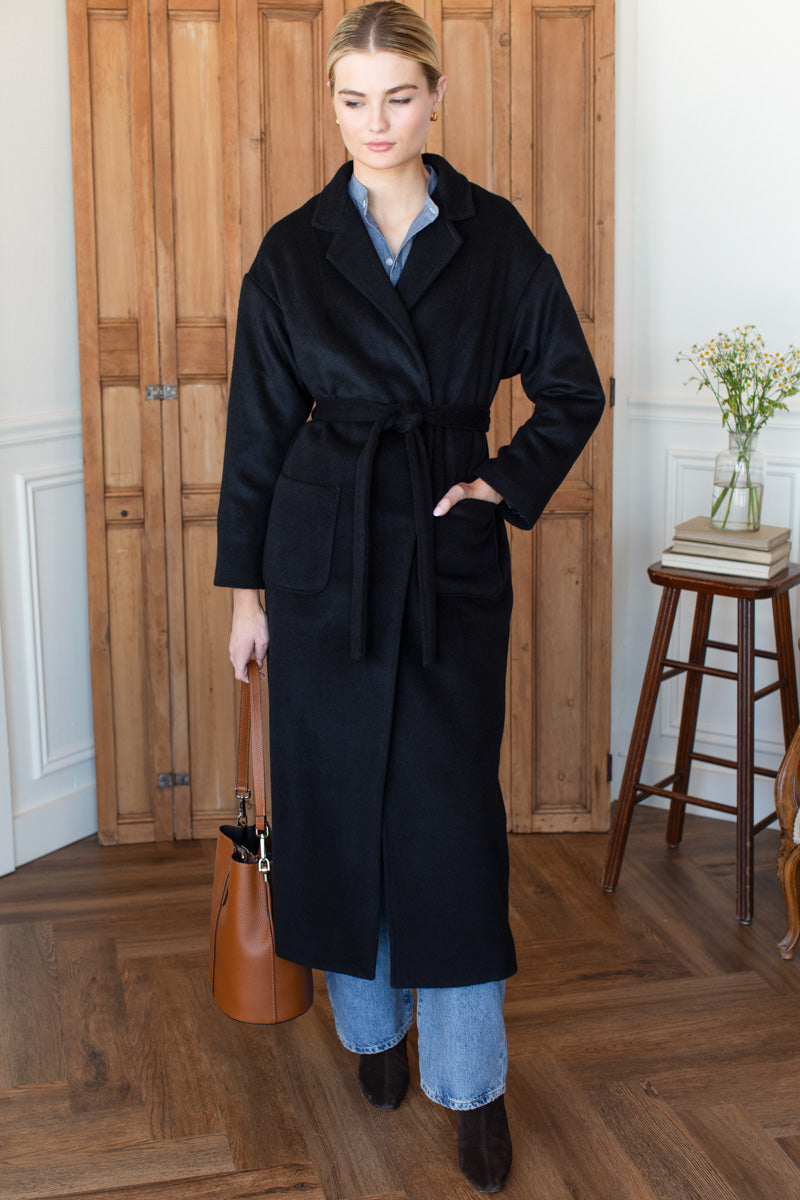 Drop Shoulder Long Coat in Black Wool — view 5