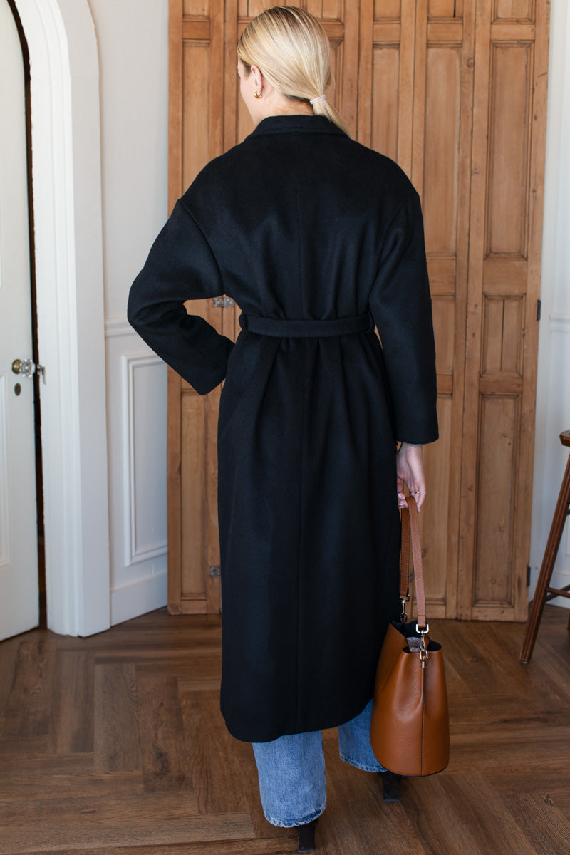 Drop Shoulder Long Coat in Black Wool — view 6