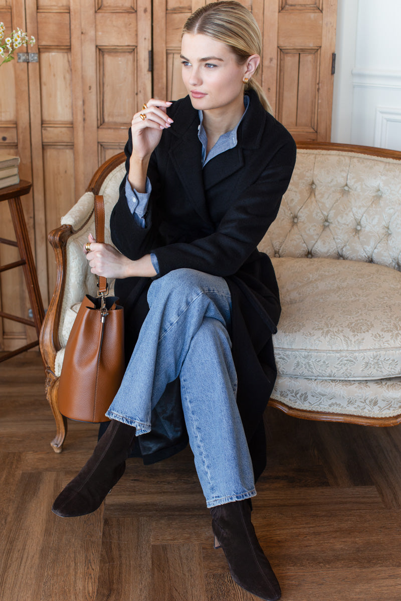 Drop Shoulder Long Coat in Black Wool — view 7