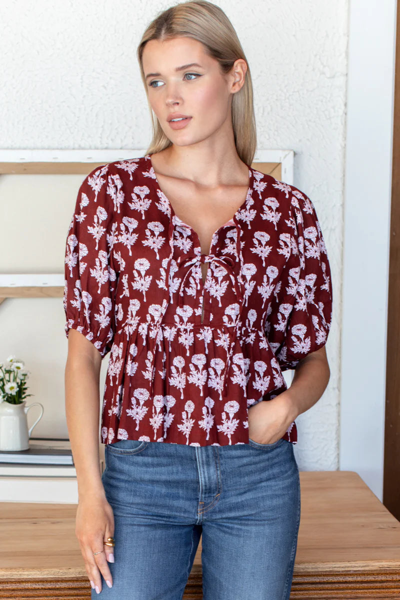 Bastian Top in Pressed Marigolds Rouge Linen
