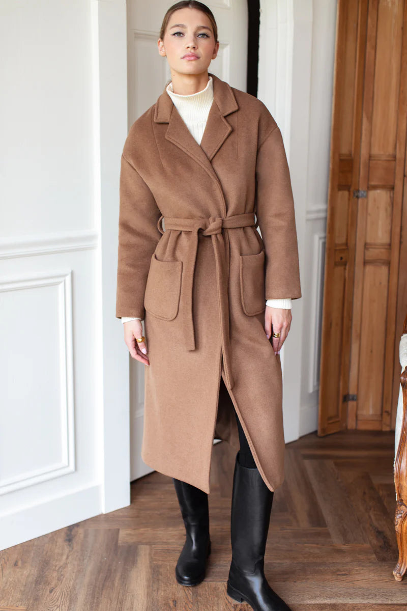 Drop Shoulder Long Coat - Saddle Brown