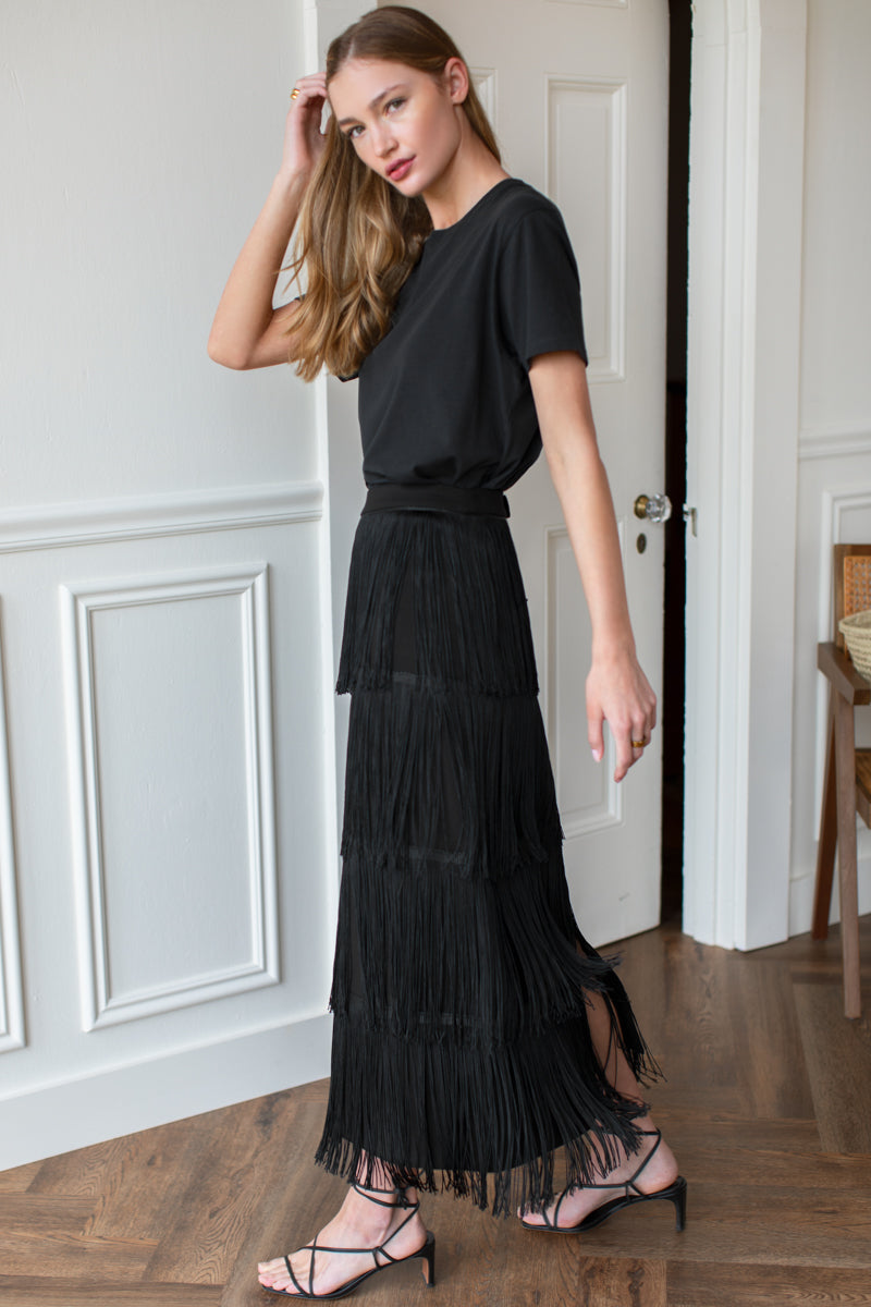 Fringe Midi Skirt in Black — view 4