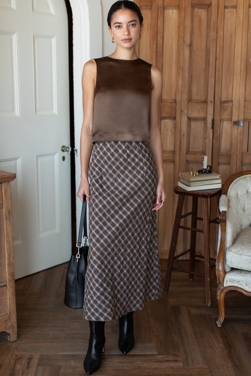 Bias Skirt 2 in Cocoa Plaid — front view