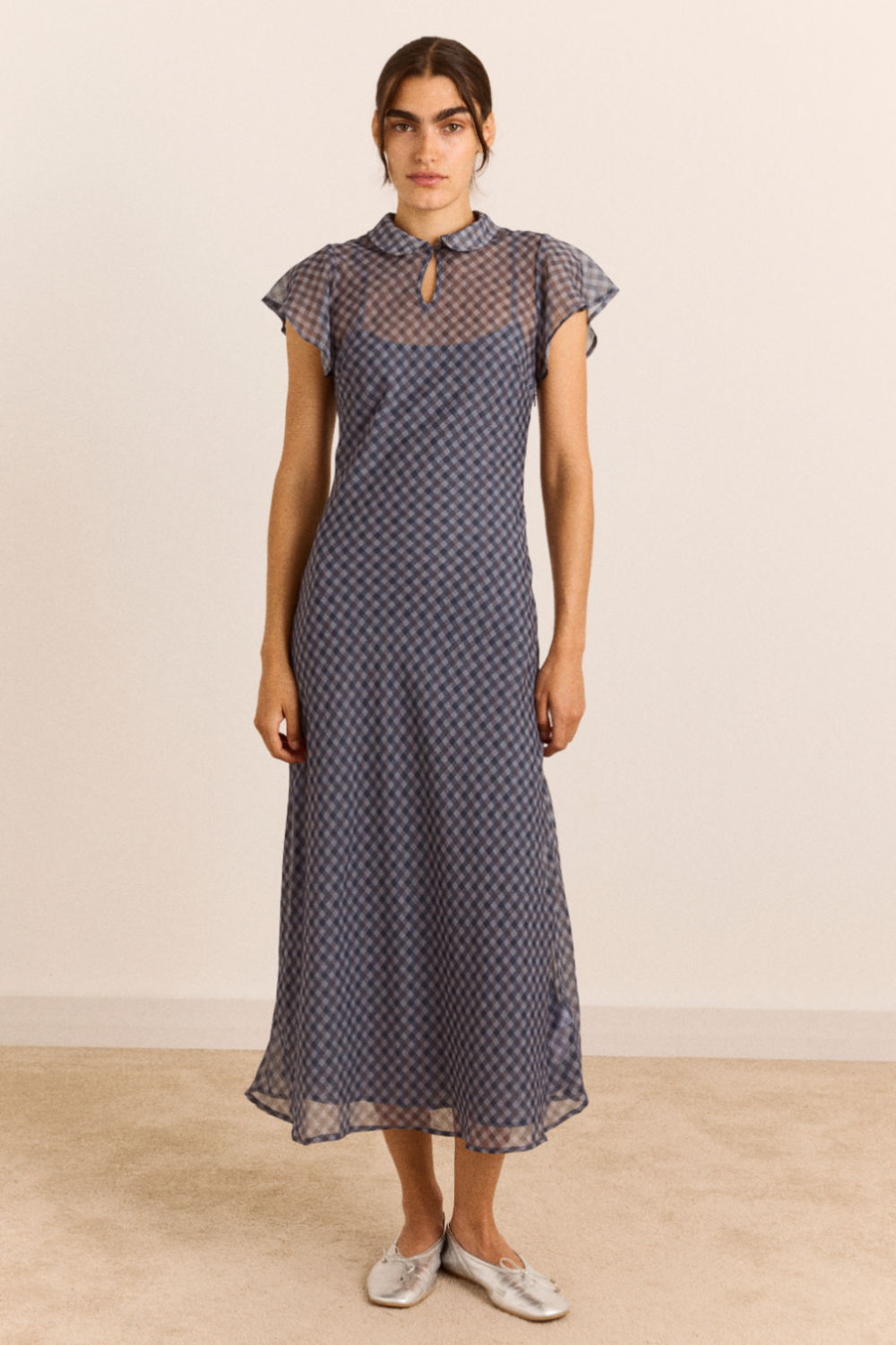 Hudson Midi Dress in Blue Grey Gingham - view 1