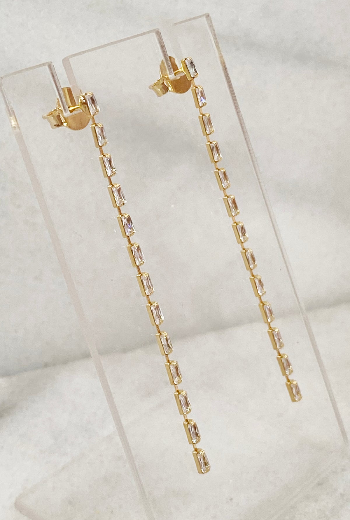 Baguette Crystal Chain Earrings by Dear Neighbor, post back and crystal chain detail
