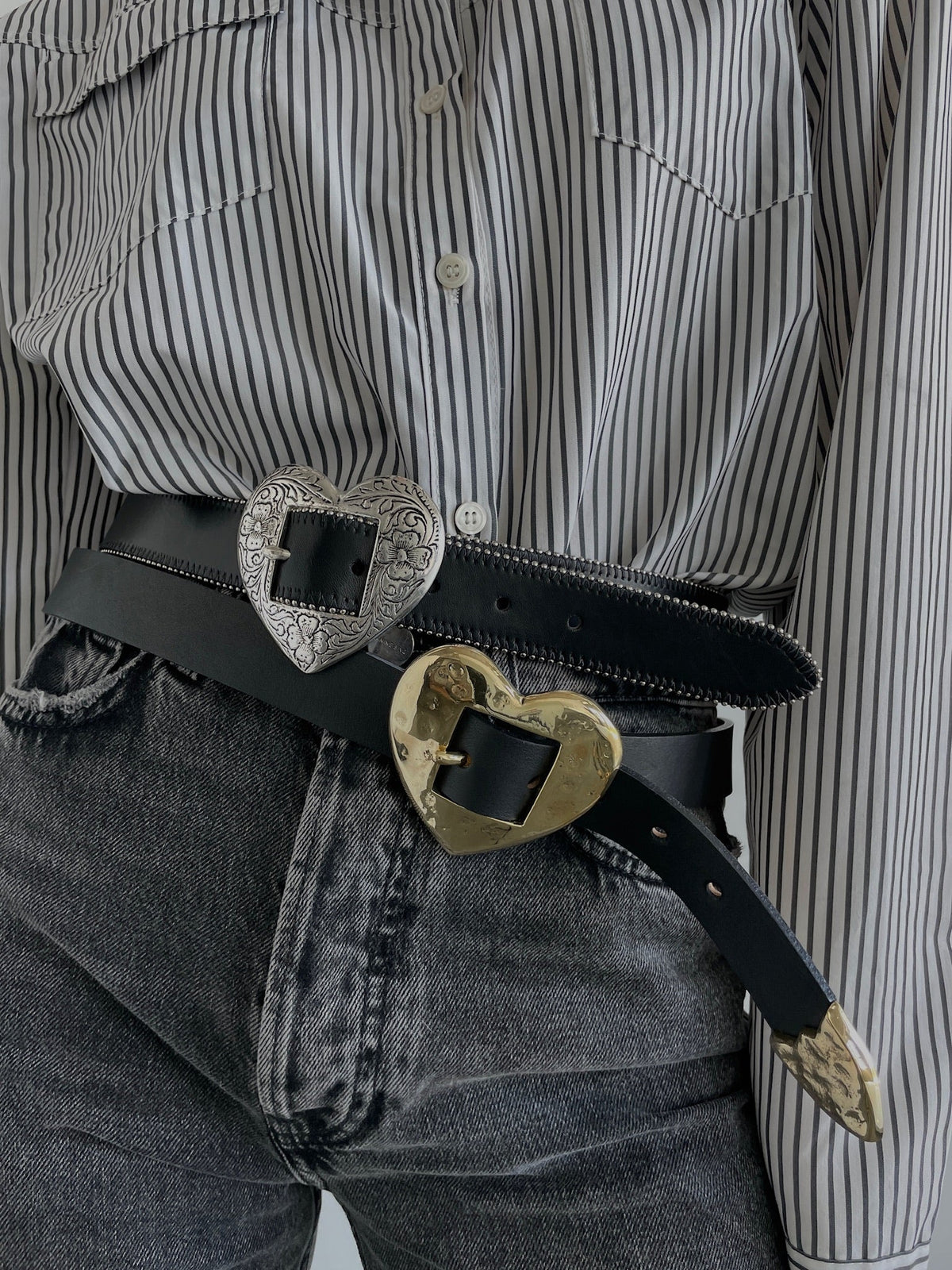 Brass Hammered Heart Belt in Black — worn