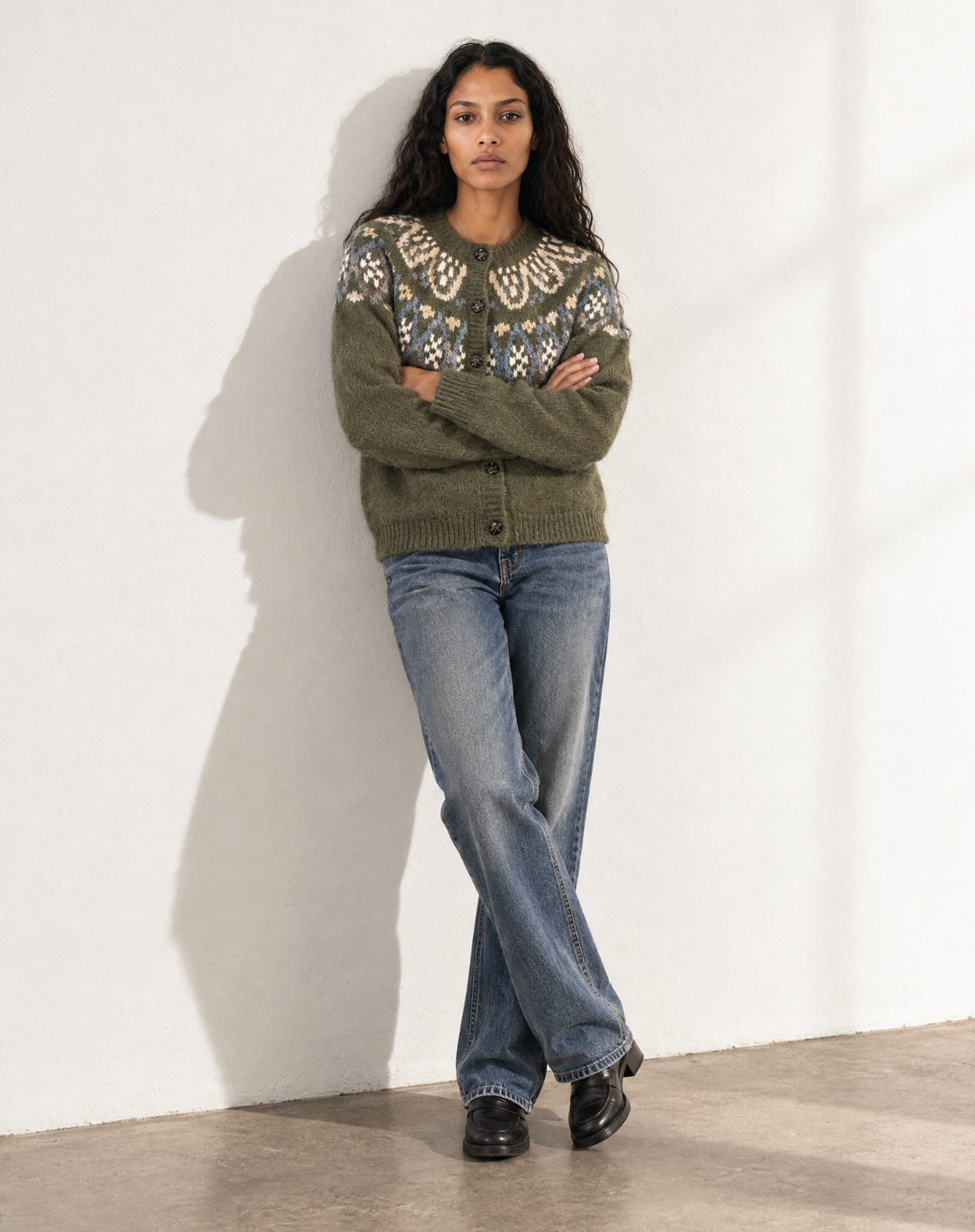 Irene Fair Isle Oversized Cardigan in Olive