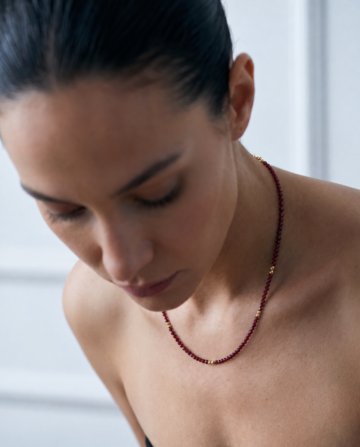 Mini Crystal and Gold Beaded Necklace- Oxblood