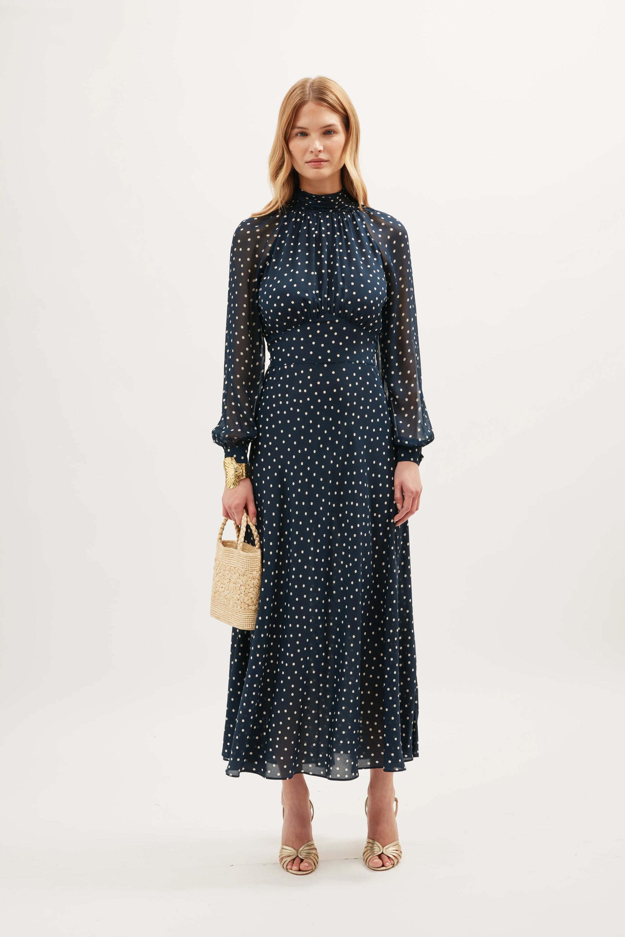 Paige Dress in Layla Dot Navy — front view