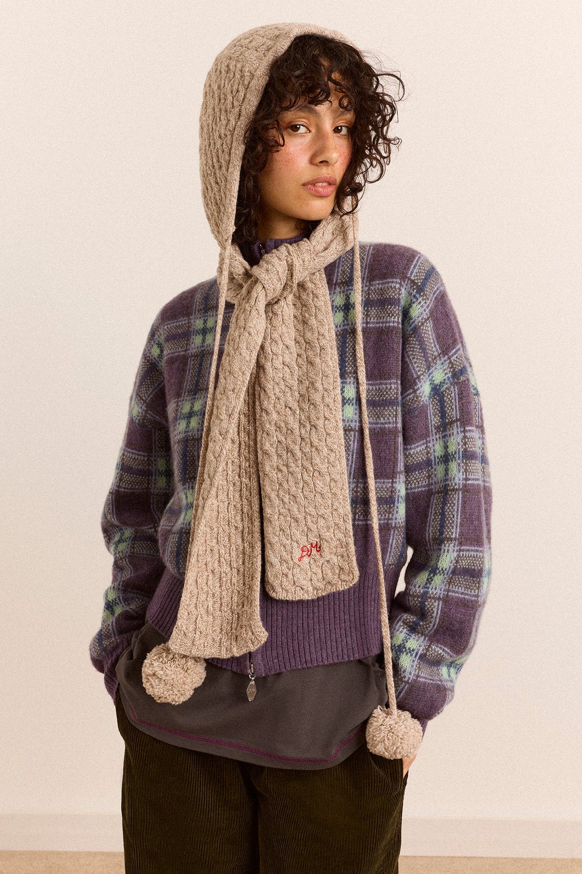 Hooded Pom Pom Scarf in Oatmeal Marl, front view on model