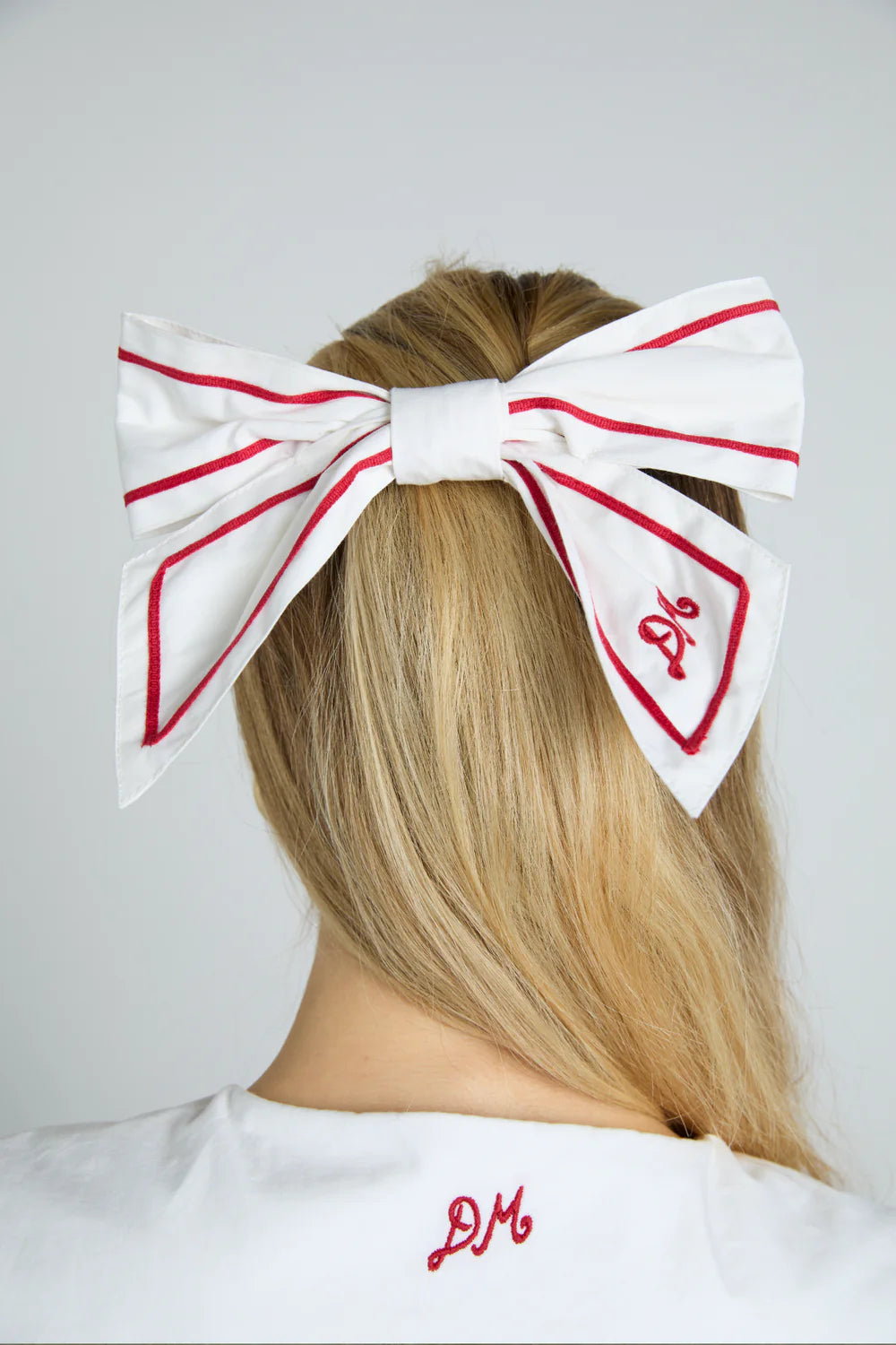 Sailor Bow Clip in White with Red Piping