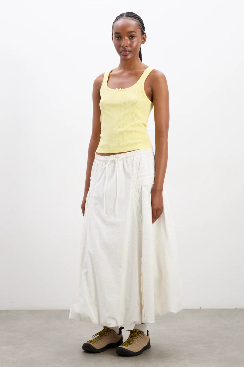 DEAR NEIGHBOR |AGATHA PUFF EMBROIDERED MIDI SKIRT| WHITE | DAMSON