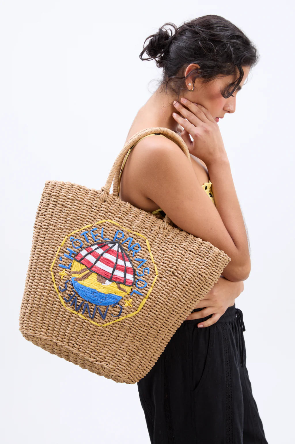 Straw Bag with L'Hotel Embroidery