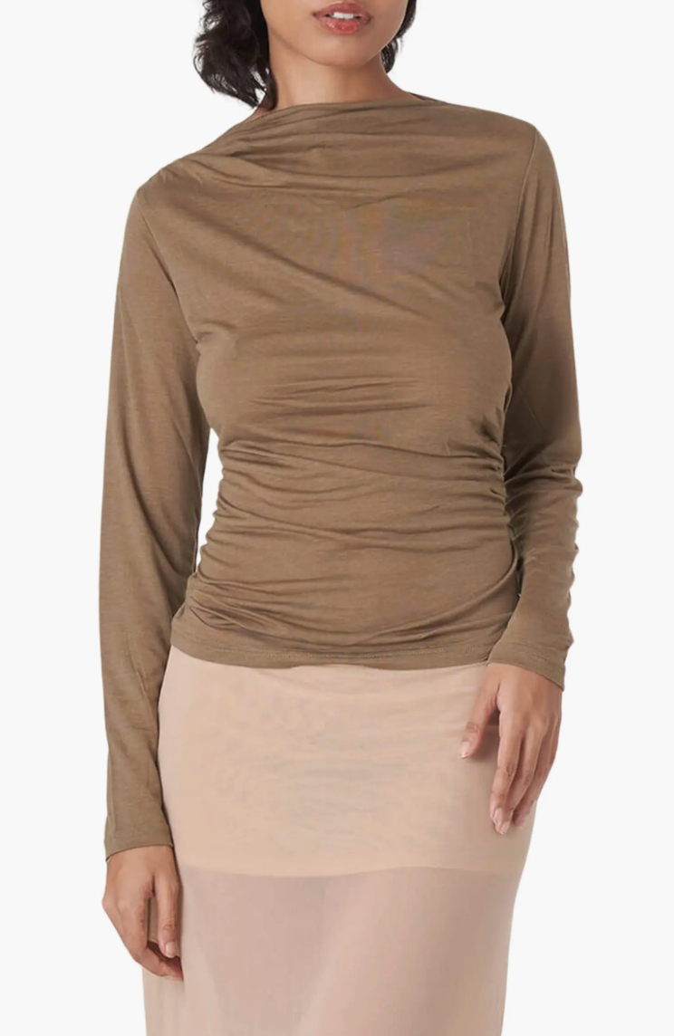 Cashmere Blend Ruched Boat Neck Long Sleeve in Olive