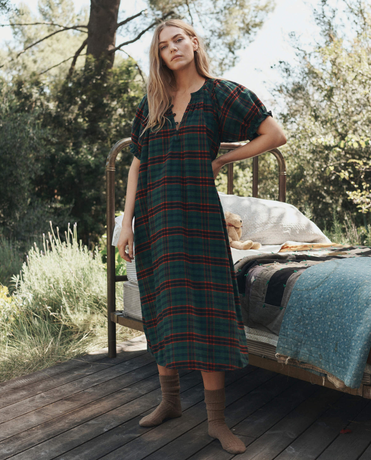 The Flannel Smocked Sleep Dress in Lodge, full length on model