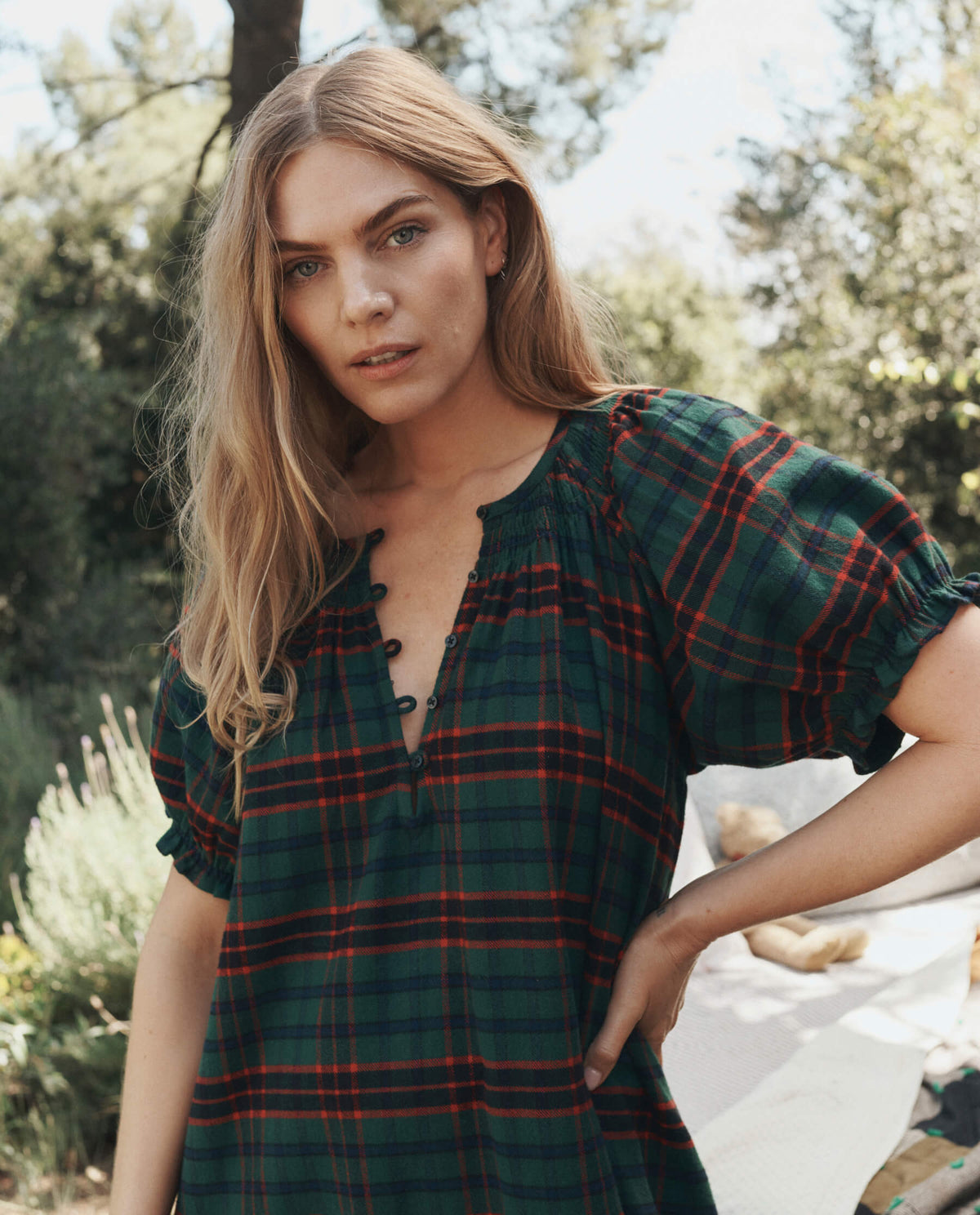 The Flannel Smocked Sleep Dress in Lodge, close view of the smocked yoke and split neckline