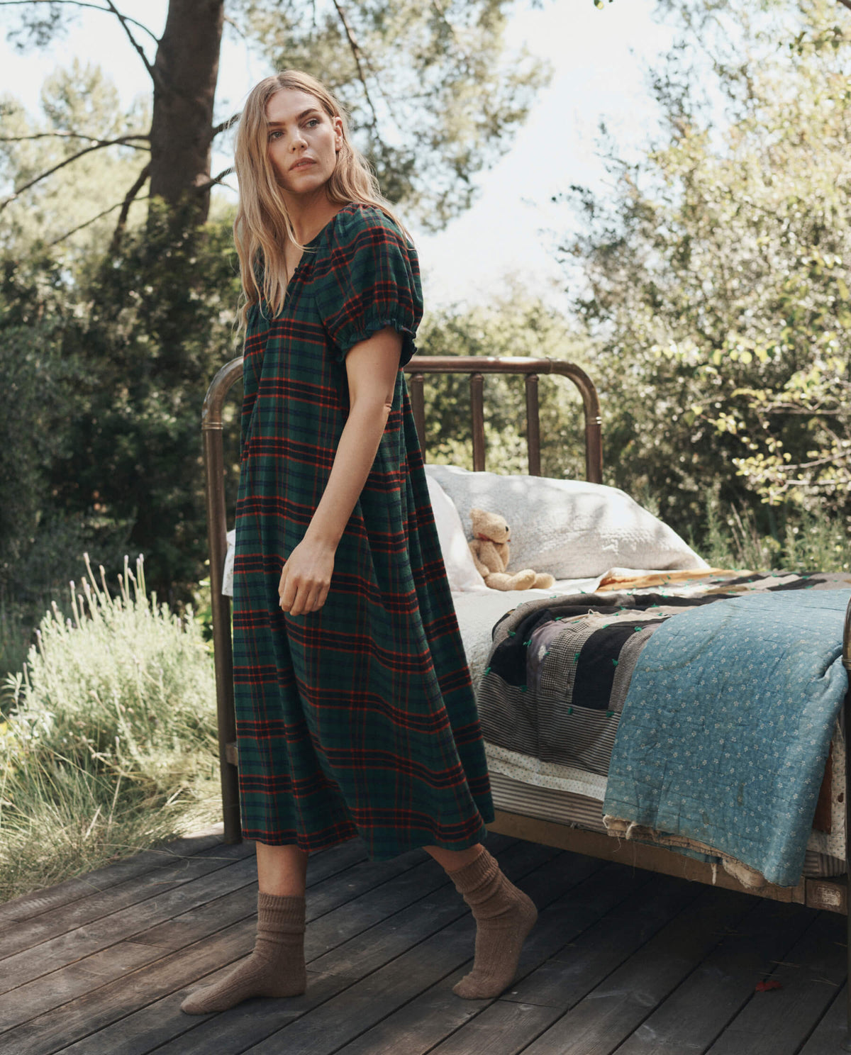 The Flannel Smocked Sleep Dress in Lodge, side view showing the relaxed fit