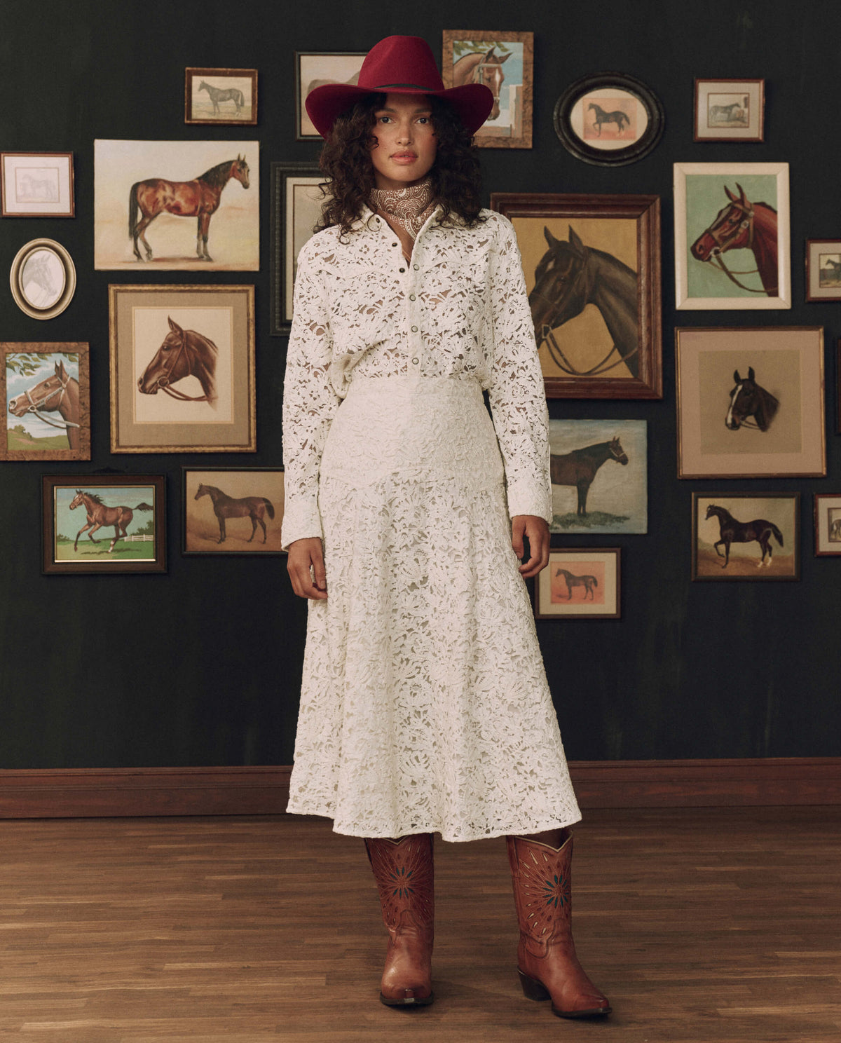 The Relic Lace Saddle Skirt in Cream by The Great and Stetson — full look