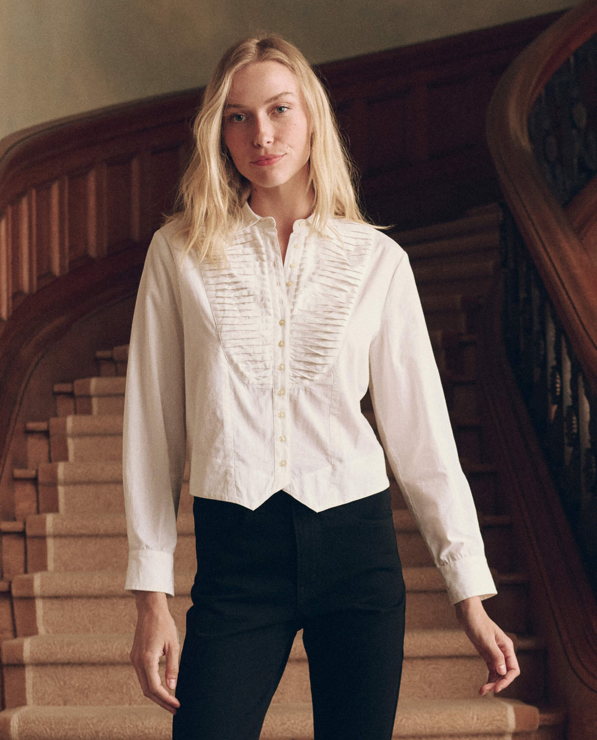 The Waistcoat Button Up in White — pleated bib detail