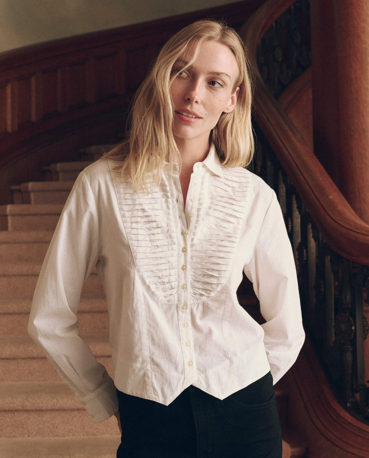 The Waistcoat Button Up in White — front