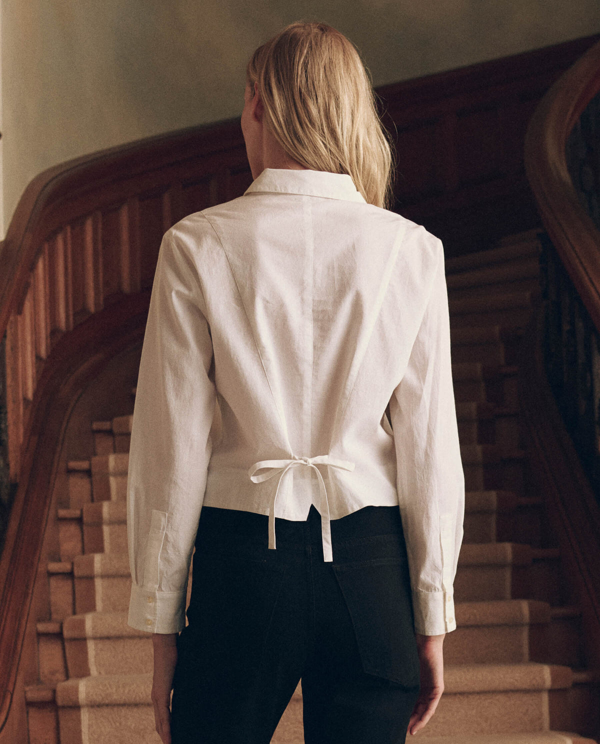 The Waistcoat Button Up in White — back with self-tie