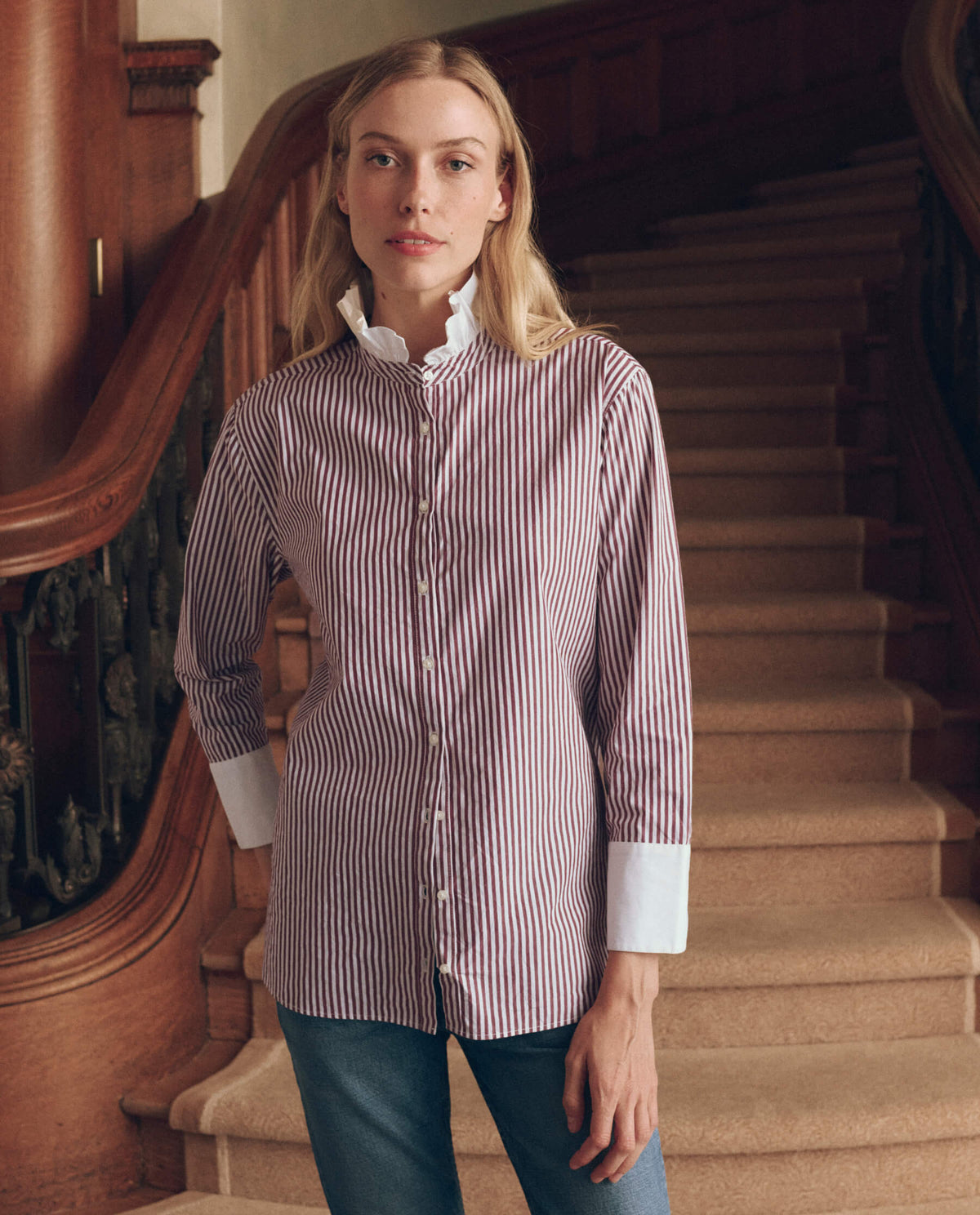 The Ruffle Neck Shirt in Yorkshire Stripe — ruffle collar detail