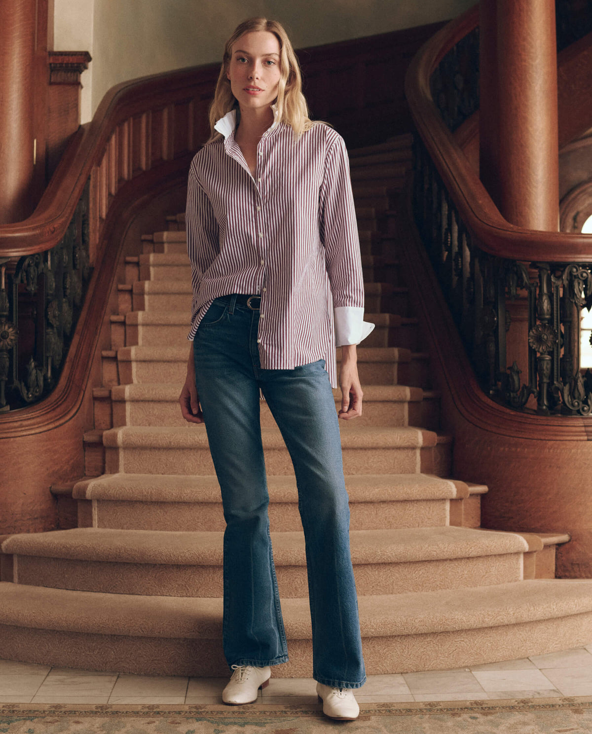 The Ruffle Neck Shirt in Yorkshire Stripe — full length