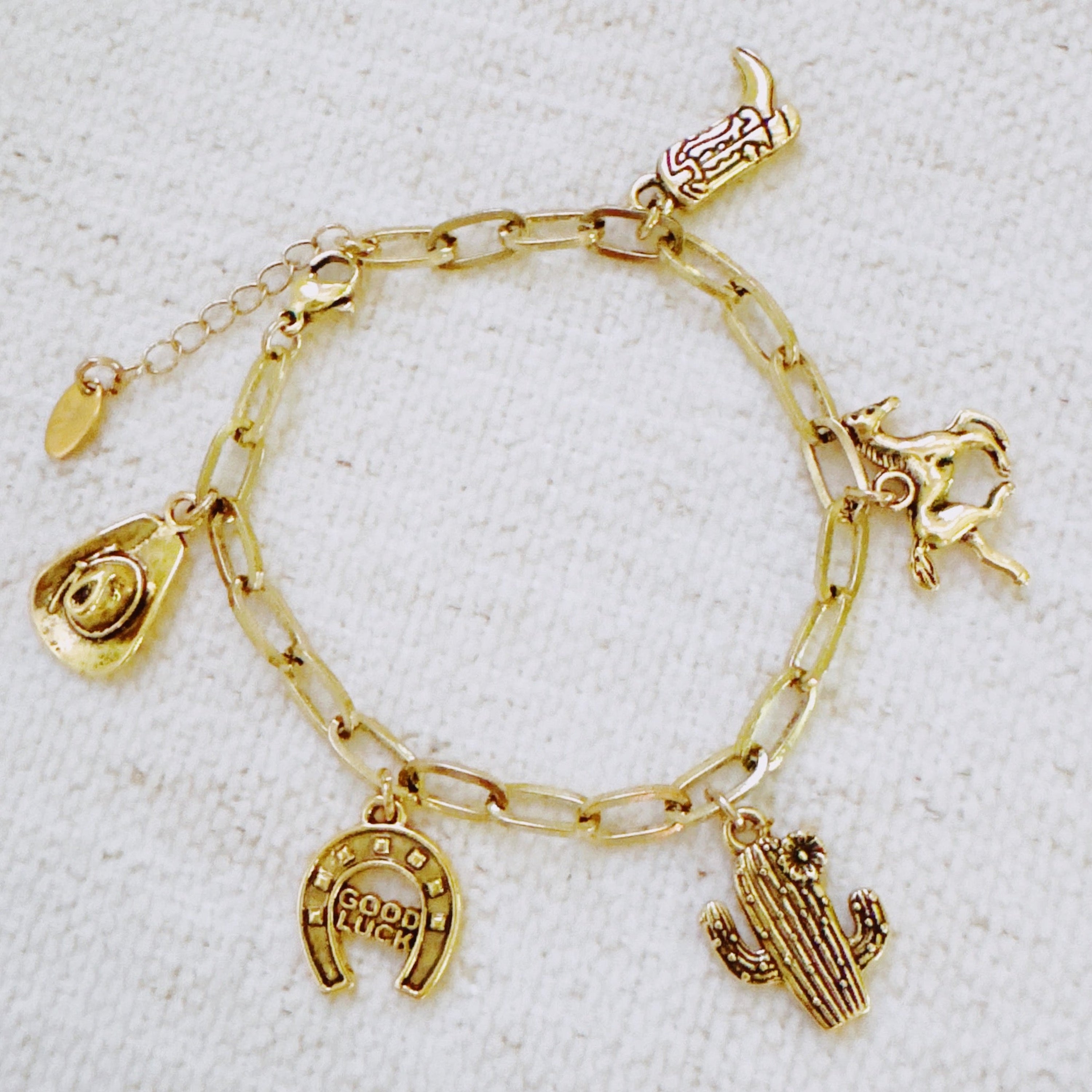 Western Cowgirl Charm Bracelet in Gold — front view