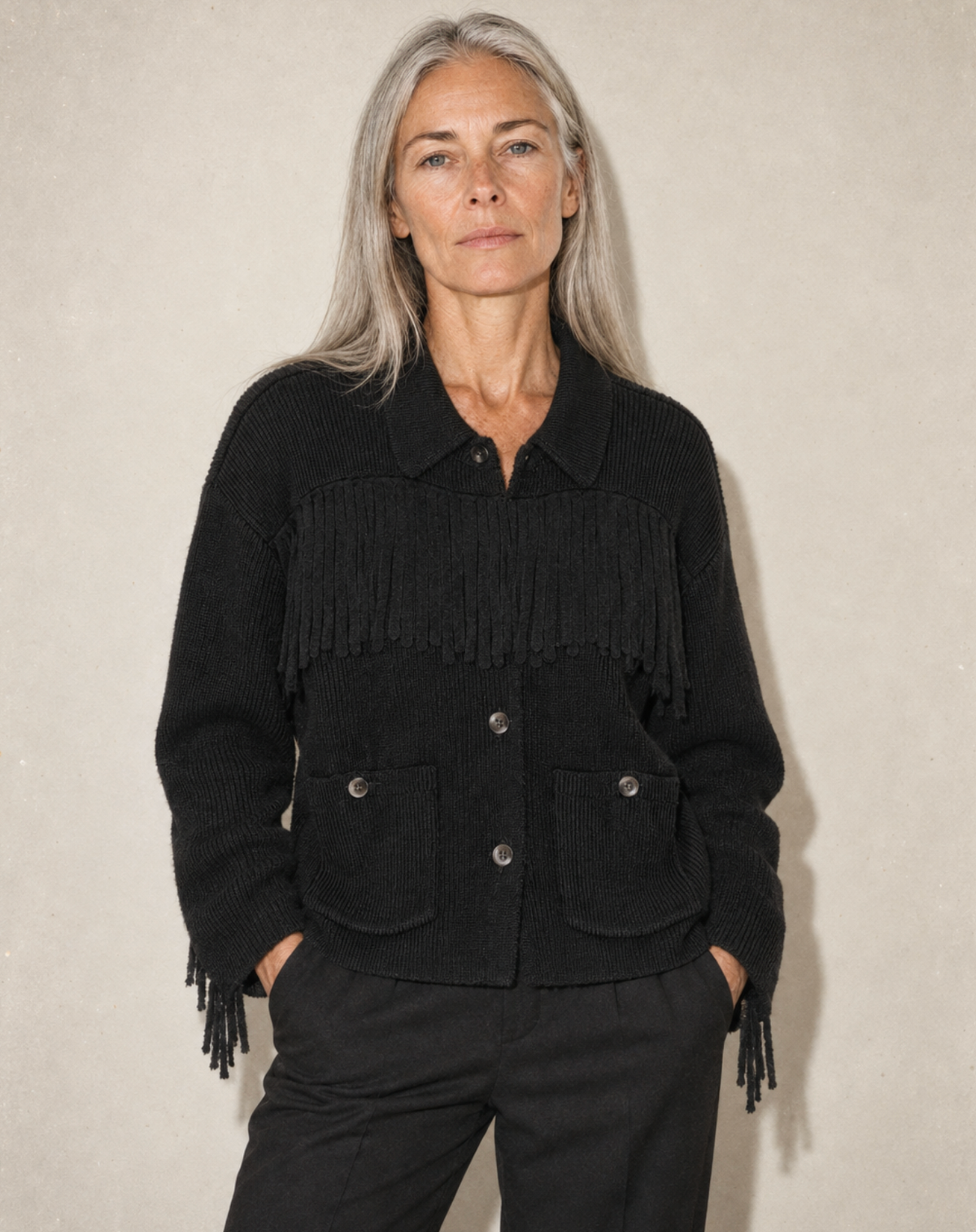 The Western Fringe Sweater Jacket in Black