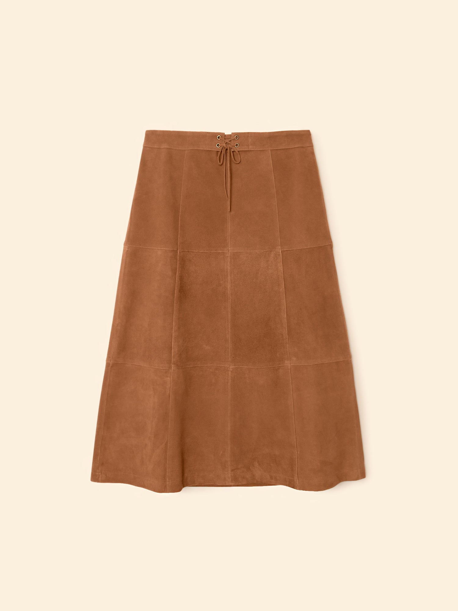 Xirena Garland Skirt in Mustang — tan suede A-line midi skirt with lace-up front