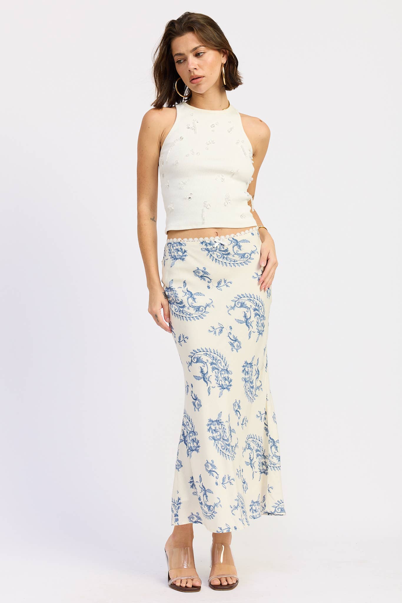Mermaid Maxi Skirt with Lace Trim in Ivory Blue — view 3
