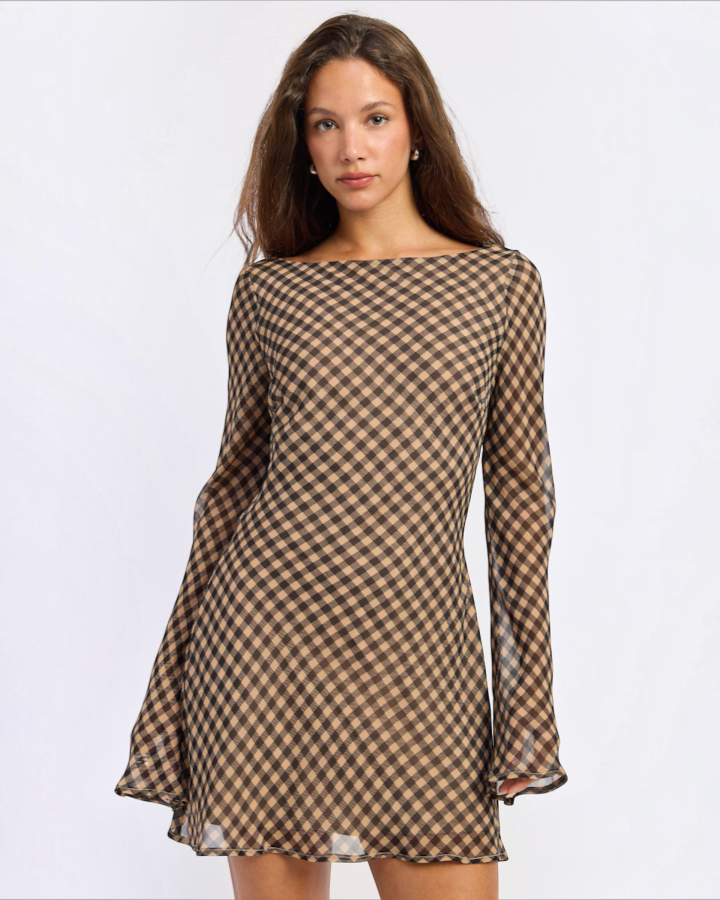 Gingham Long Sleeve Mini Dress in Black and Brown — front angle