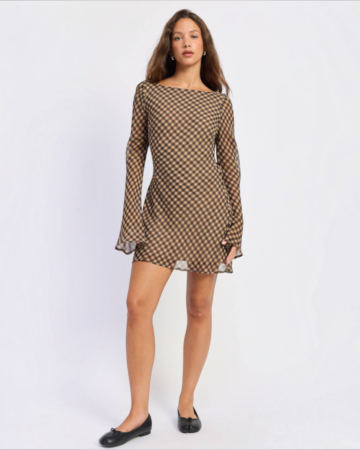 Gingham Long Sleeve Mini Dress in Black and Brown — full length