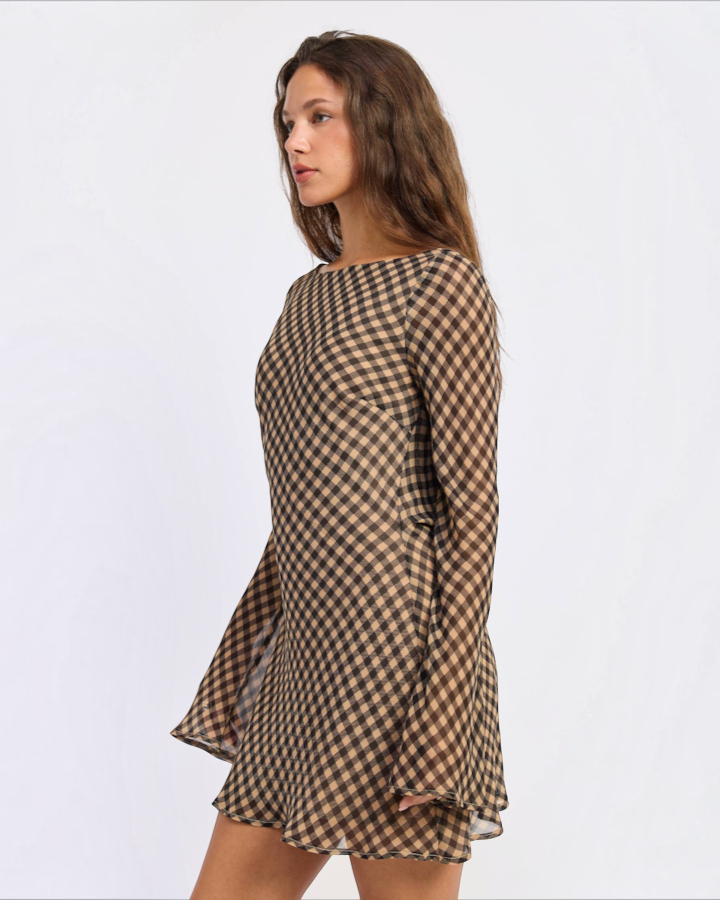 Gingham Long Sleeve Mini Dress in Black and Brown — side