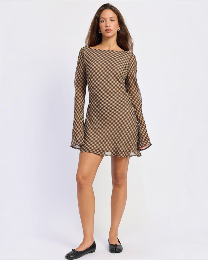 Gingham Long Sleeve Mini Dress in Black and Brown — full length front