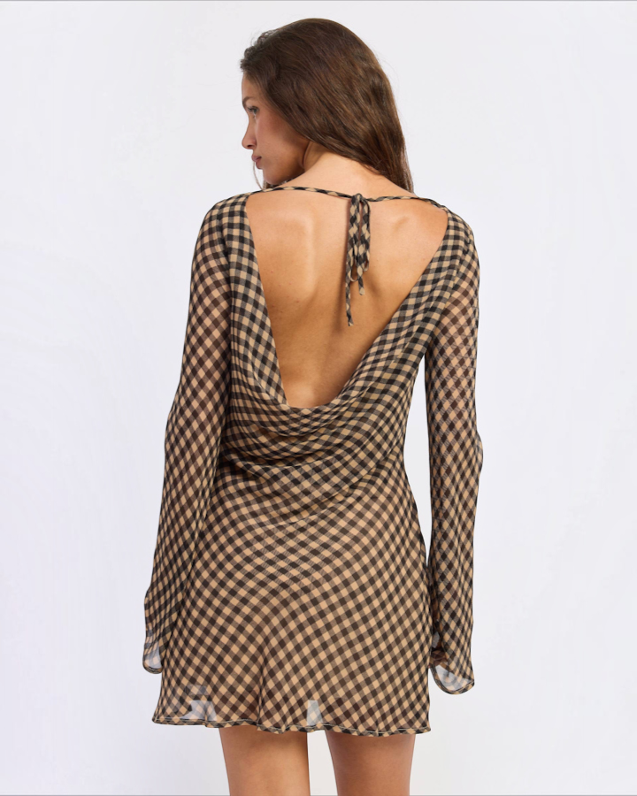 Gingham Long Sleeve Mini Dress in Black and Brown — open back