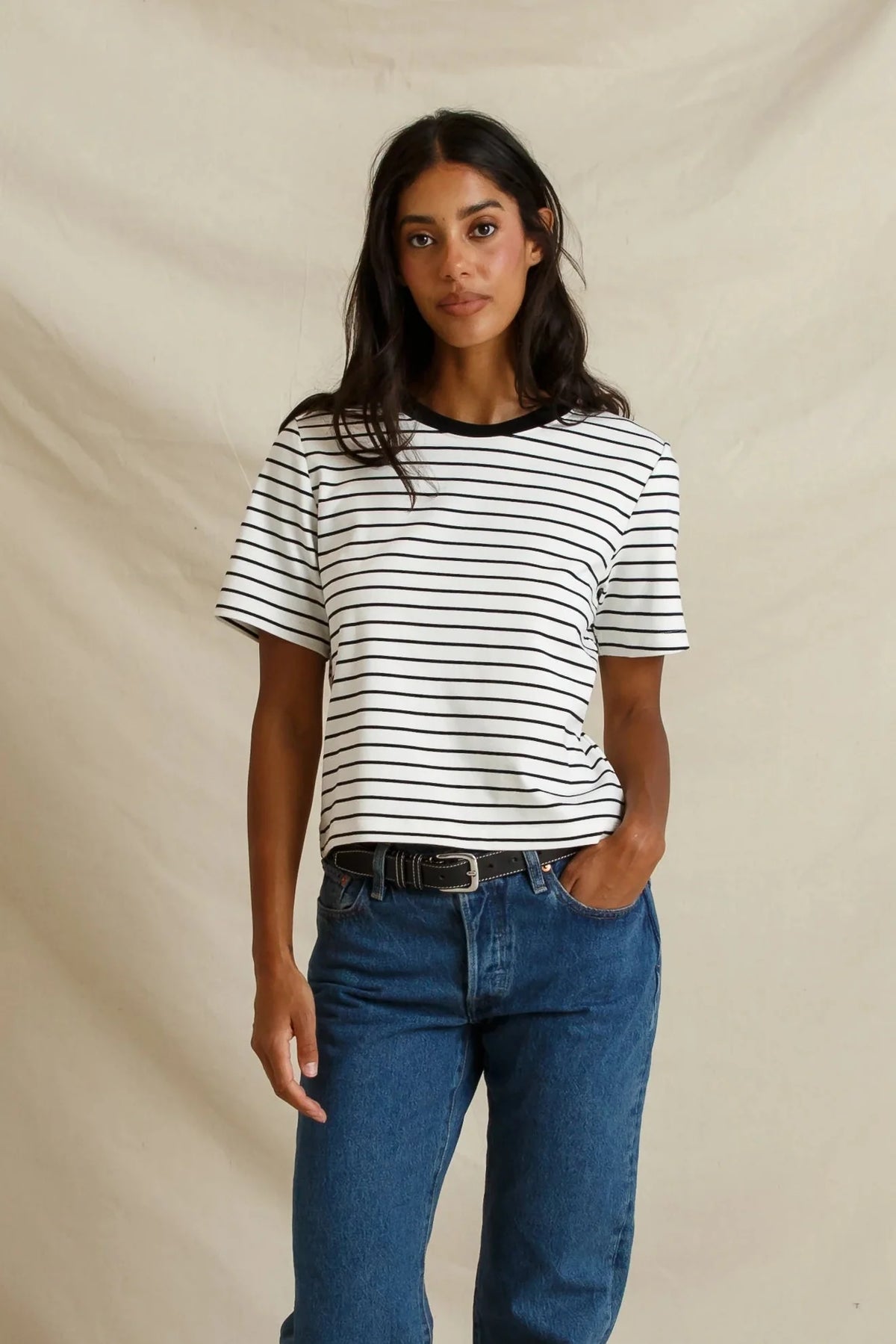Atlas Crew Tee in White and Black Stripe - view 2